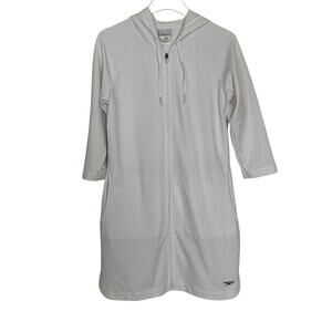 Speedo Swim Cover Up Hoodie Zip Front Dress White 3/4 Sleeve Medium Beach Pool M